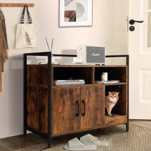 Costway Katzenhöhle Schrank in Braun mit Katze. Katzentoilette Kommode mit Doppeltüren.