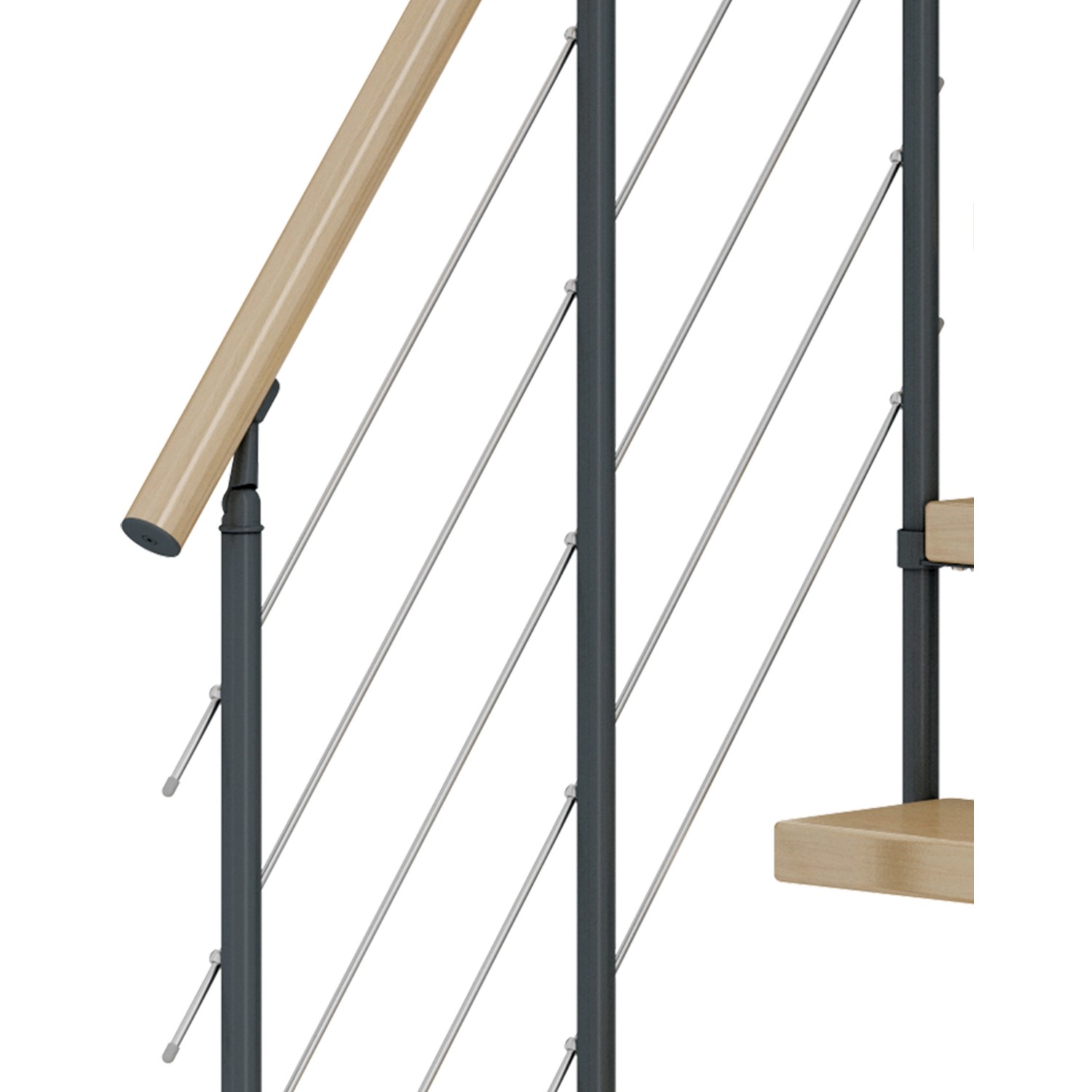 Detailaufnahme Dolle Mittelholmtreppe Dublin Ahorn/Anthrazit: Geländer mit Edelstahlstäben und Holzhandlauf.