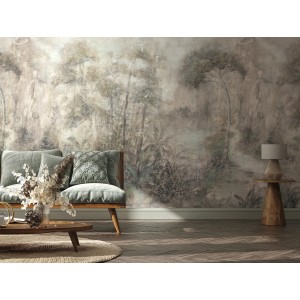 Beige Vliestapete „Wald“ von Marburg, florales, modernes Design, 270x318 cm, für Wohn- und Schlafzimmer.