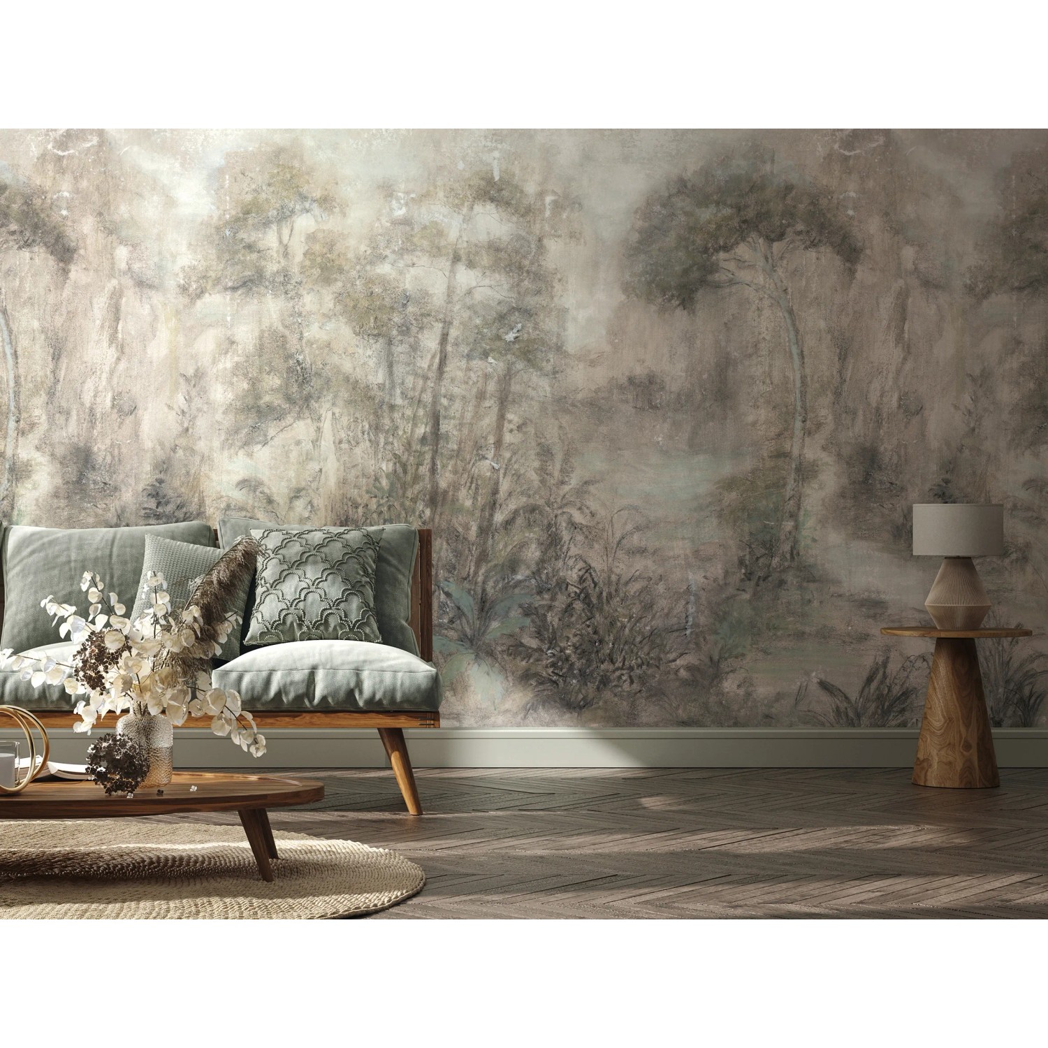Beige Vliestapete „Wald“ von Marburg, florales, modernes Design, 270x318 cm, für Wohn- und Schlafzimmer.