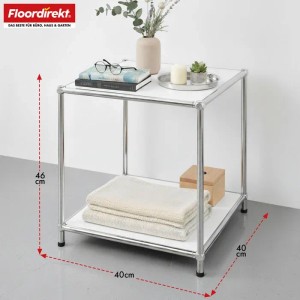 Weißes Floordirekt Metallregal Concept Epure, 40x40x46 cm, mit verchromtem Gestell und zwei offenen Ablagen. Ideal als Beistelltisch.