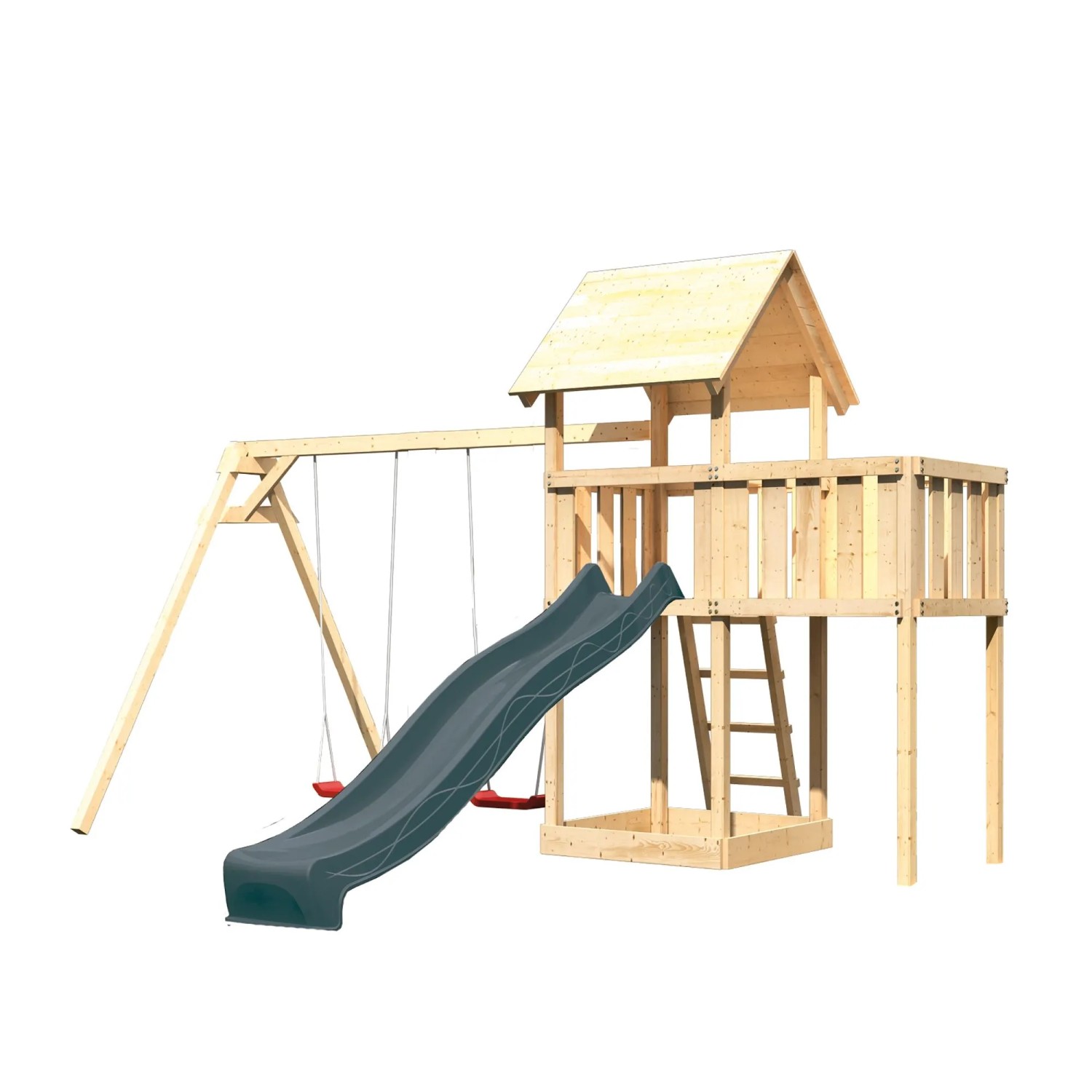 Karibu Spielturm Lotti mit Rutsche Doppelschaukel u. Plattform Natur-Anthrazit
