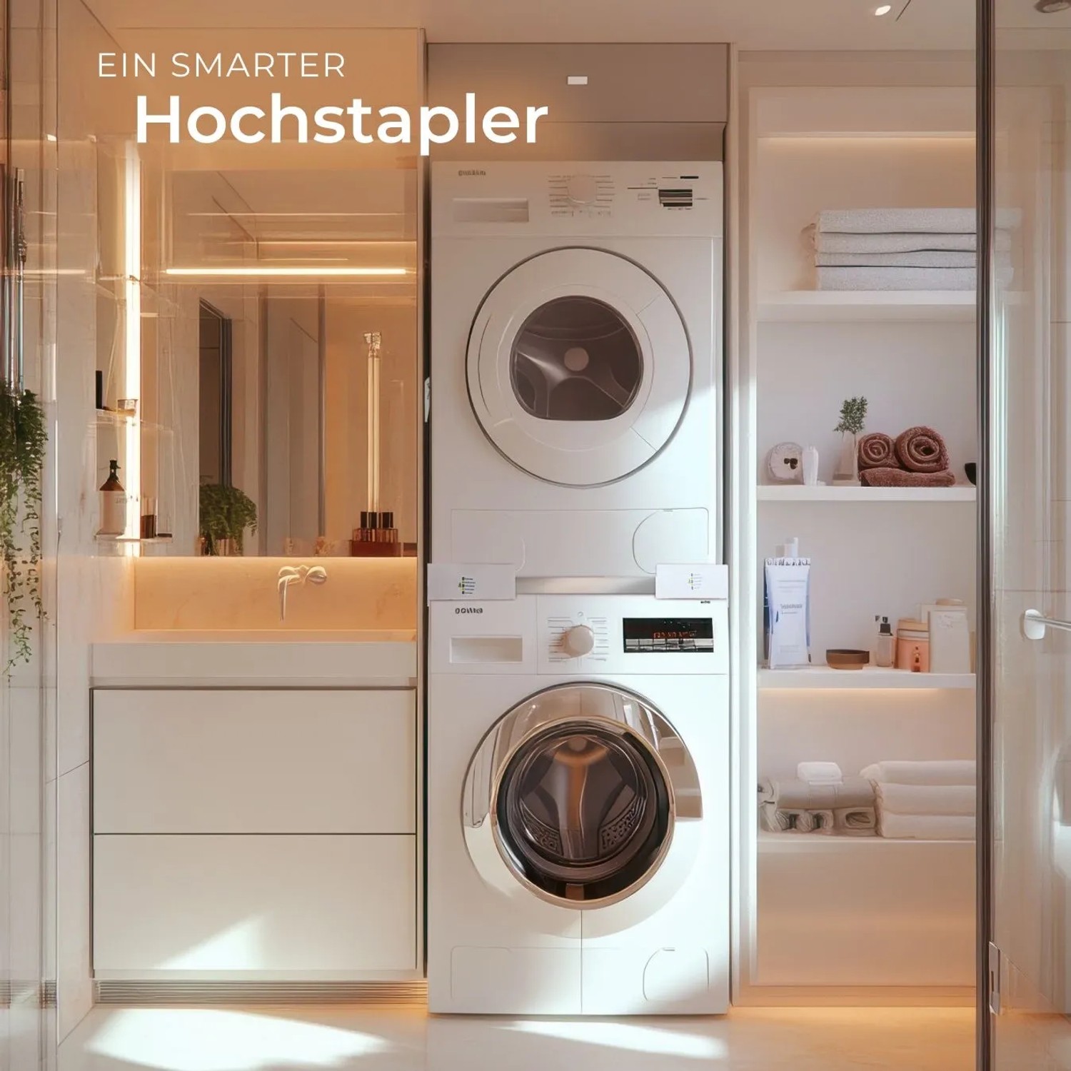Tectake Verbindungsrahmen für Waschmaschine und Trockner, silberfarben, gestapelt im Badezimmer.