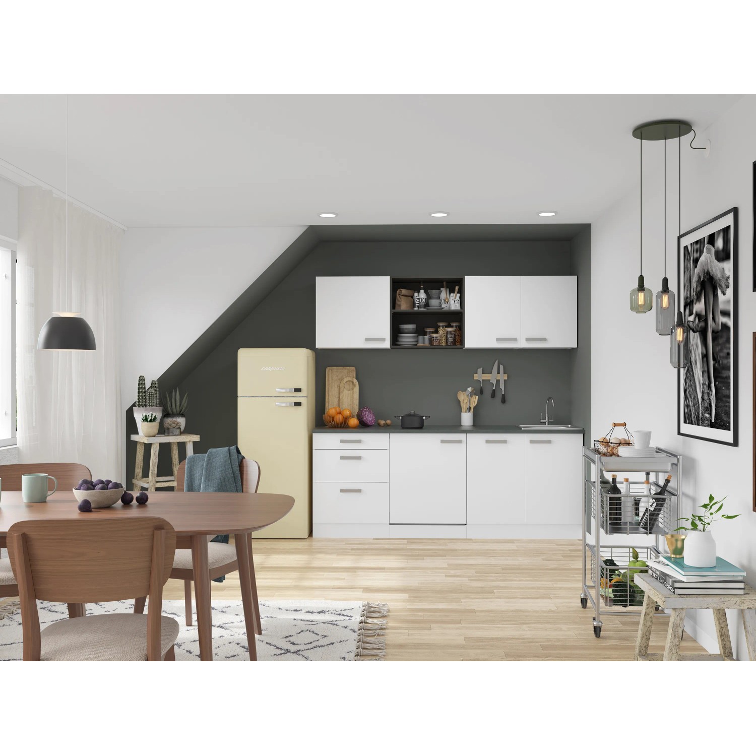 Moderne, weiße OPTIFIT Oslo214 Küchenzeile (210 cm) ohne E-Geräte in heller Raumgestaltung.