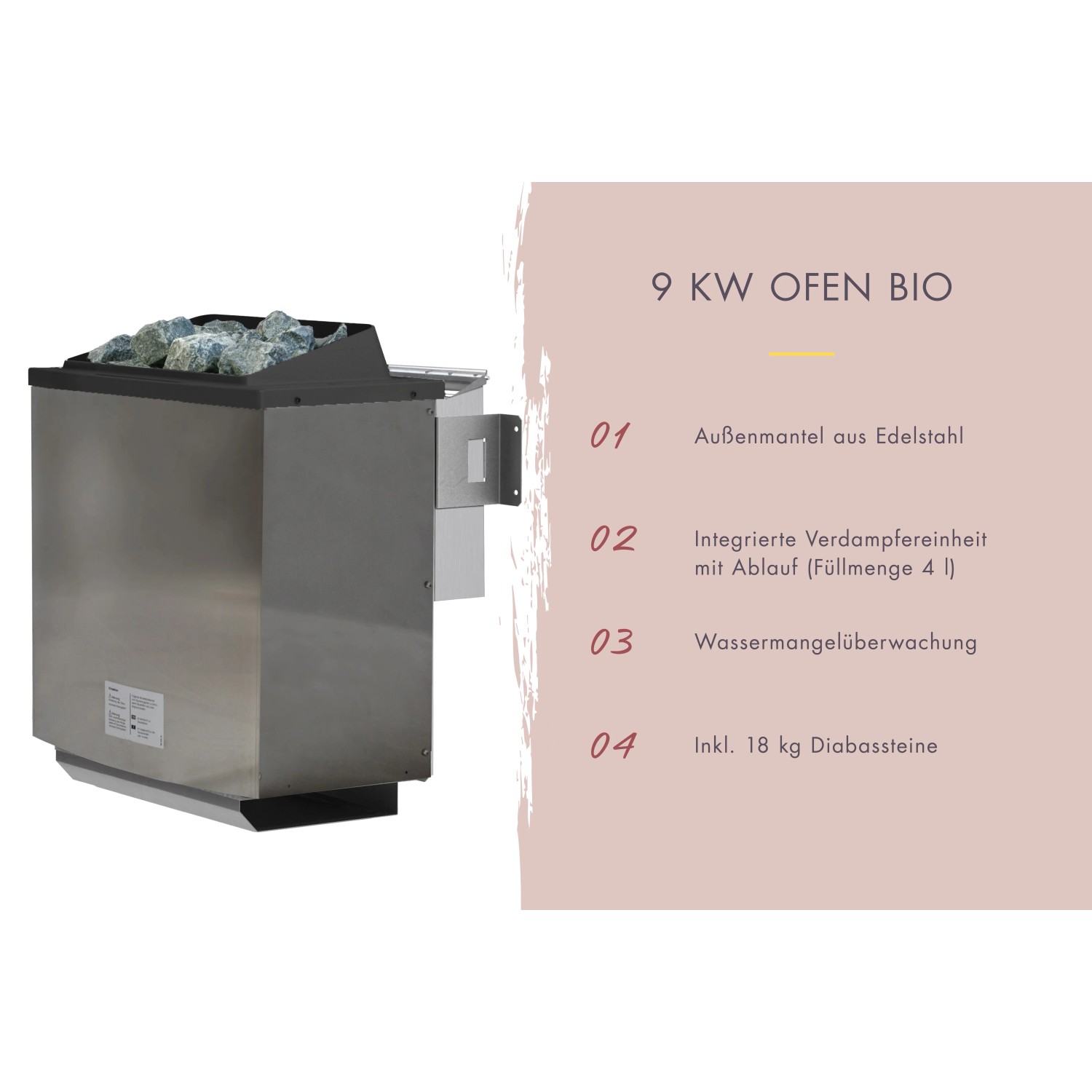 Karibu Saunaofen Arvi 2, 9 kW Bio-Ofen mit Edelstahlmantel und Diabassteinen für Saunahaus.