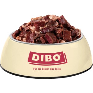 Dibo Rinderherz Frostfutter im Napf, geeignet für Hunde und Katzen.