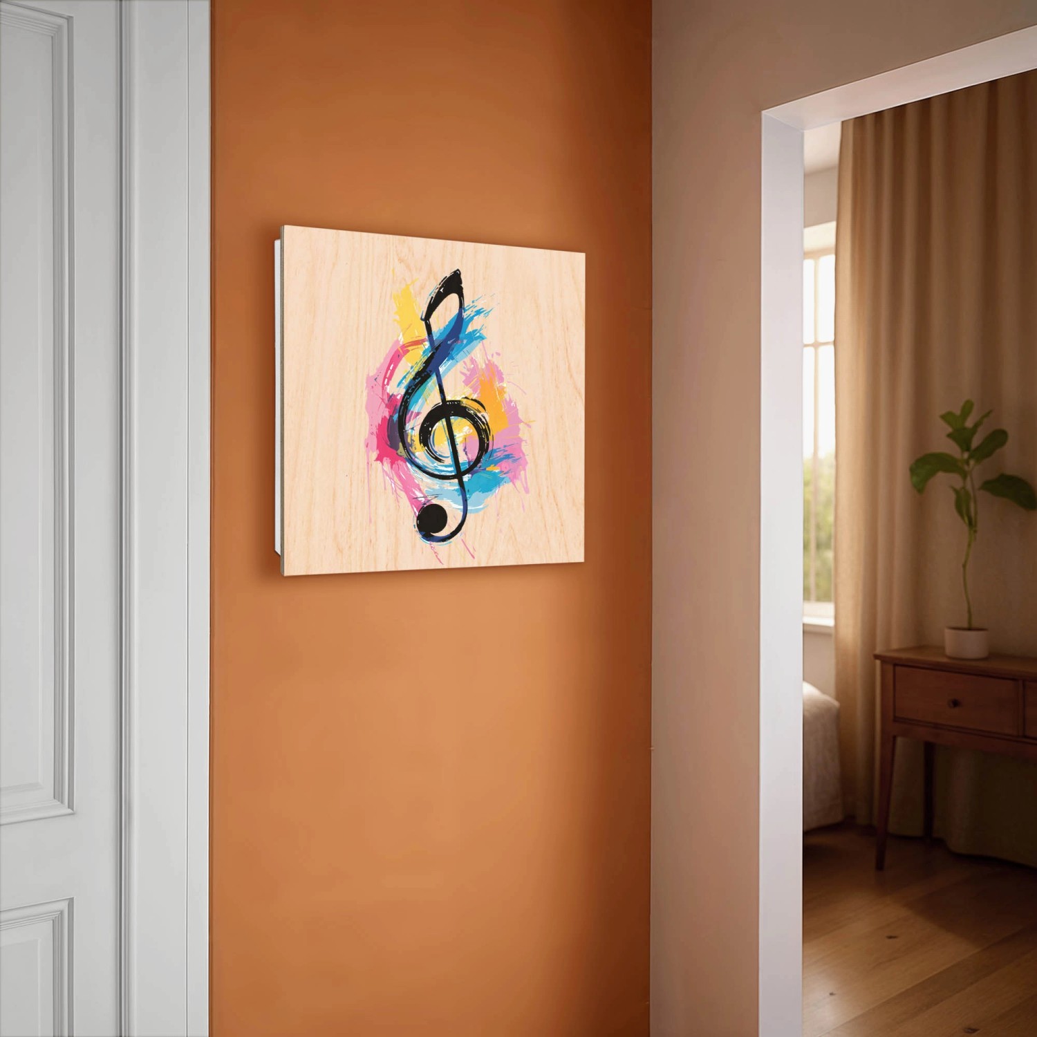 Weißer Banjado Schlüsselkasten mit bunter Notenpalette auf Holzfront, 50 Haken für Wandmontage.