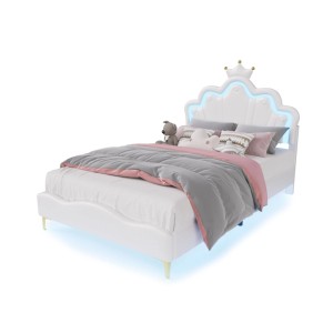 PXloue Kinderbett 140x190 cm PU-Polsterbett Jugendbett mit LED Jugendbett Verstellbarem Kopfteil Weiß