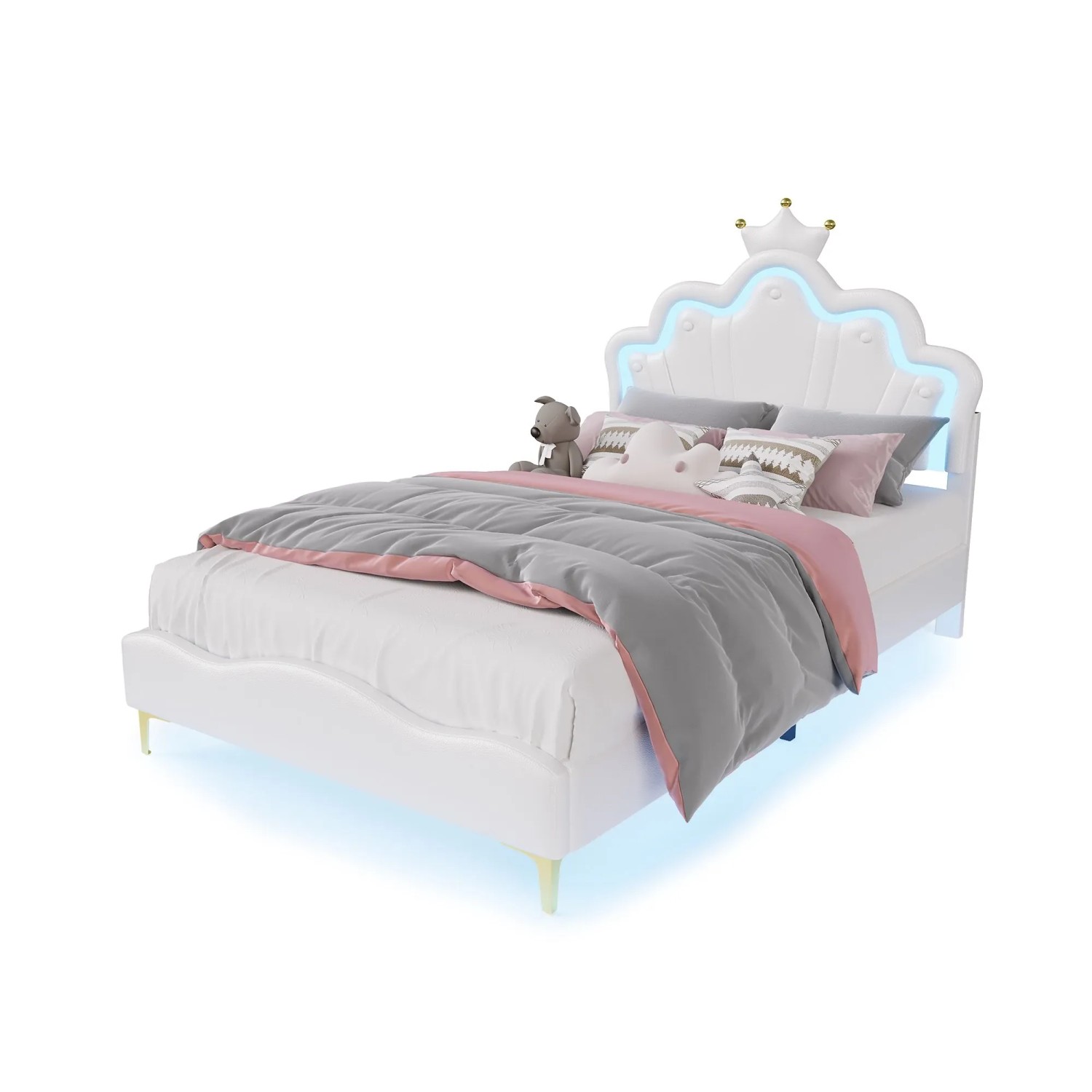 PXloue Kinderbett 140x190 cm PU-Polsterbett Jugendbett mit LED Jugendbett Verstellbarem Kopfteil Weiß