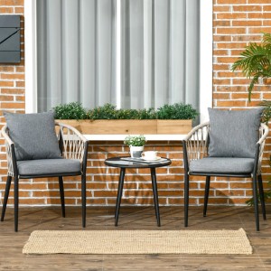 Graues Outsunny Gartenmöbel-Set mit 2 Stühlen, rundem Hartglas-Tisch und bequemen Kissen für Balkon oder Terrasse.