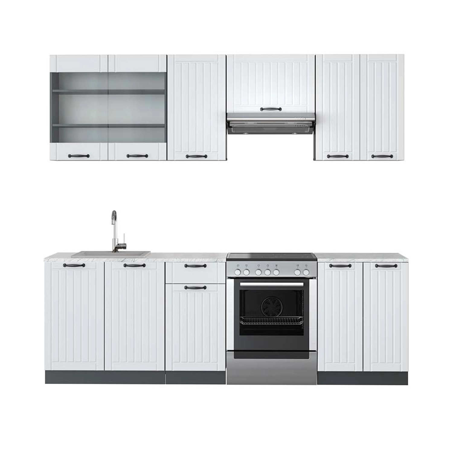 Vicco Fame-Line Küchenzeile Weiß Landhaus/Anthrazit 240 cm AP Marmor günstig online kaufen
