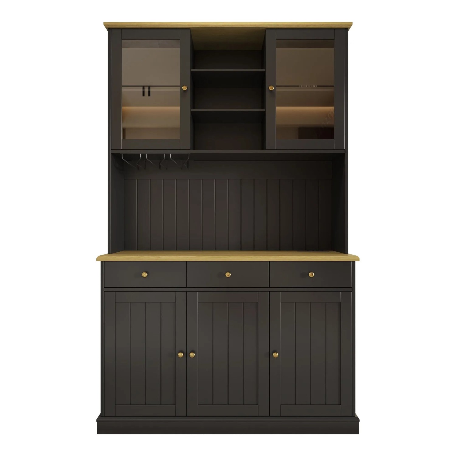 okwish Buffetschrank mit Glastüren Steckdose USB Stauraum 120x40x191cm Schwarz