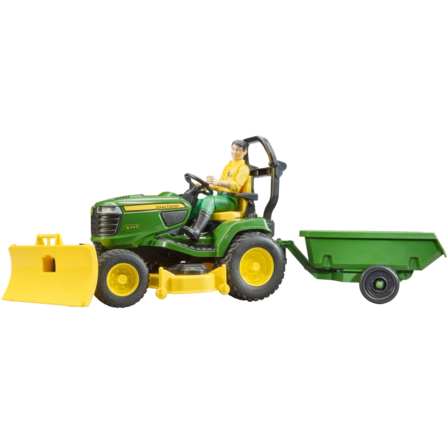 Bruder bworld John Deere Aufsitzrasenmäher, Anhänger + Gärtner