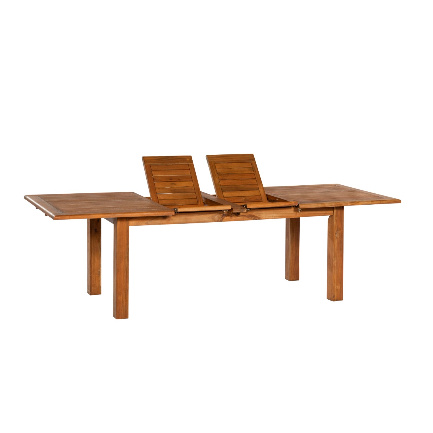 Ausgezogener Merxx Batavia Gartentisch aus Akazienholz, Teil des 7-tlg. Gartenmöbel-Sets.