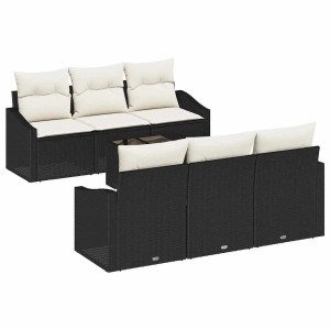 vidaXL Lounge-Set, 7-teilig, schwarz/creme Poly-Rattan, mit Kissen. Gartenmöbel für Terrasse und Garten.