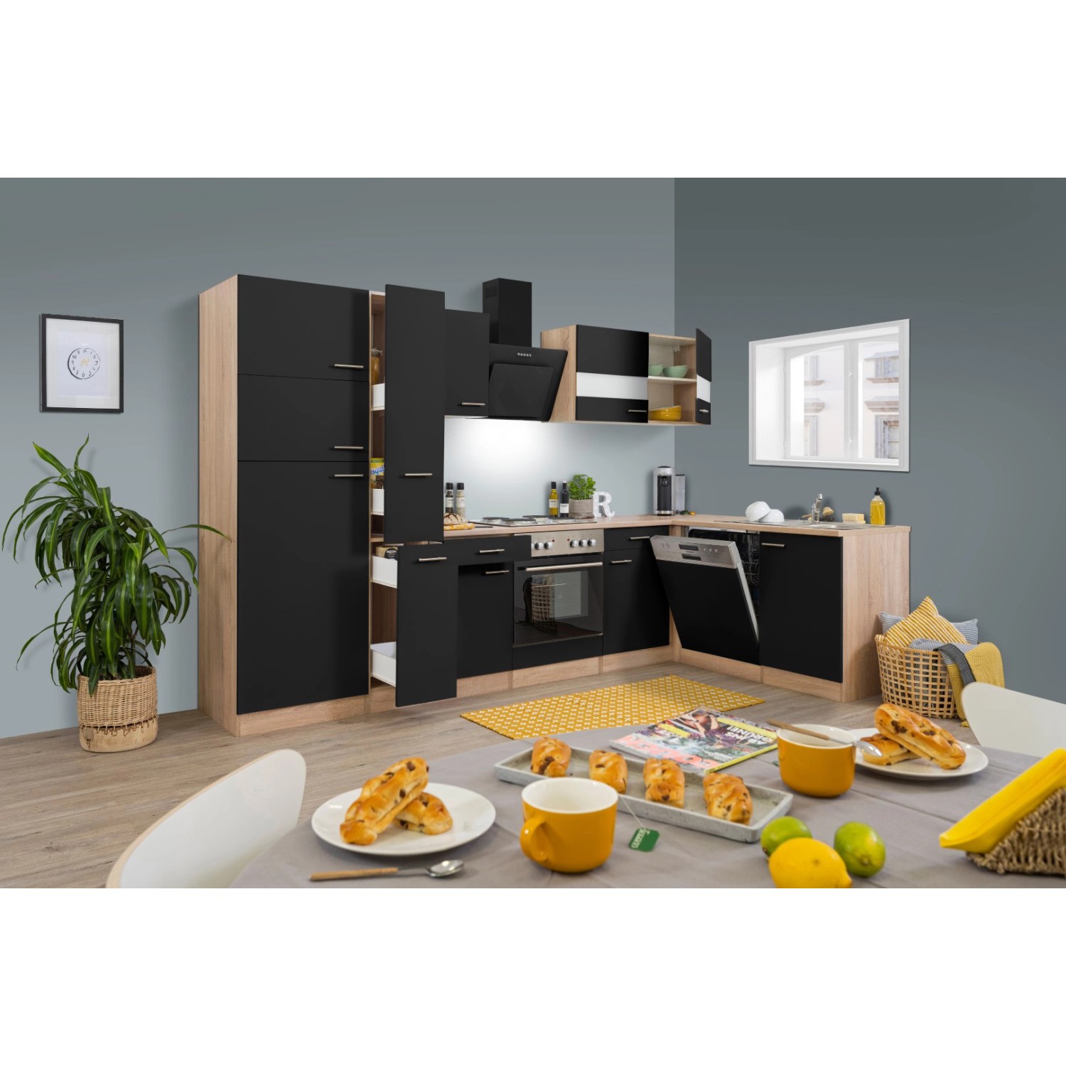 Respekta Winkelküche KBL310ESSS 310 cm Schwarz-Eiche Sonoma Sägerau Nachbildung