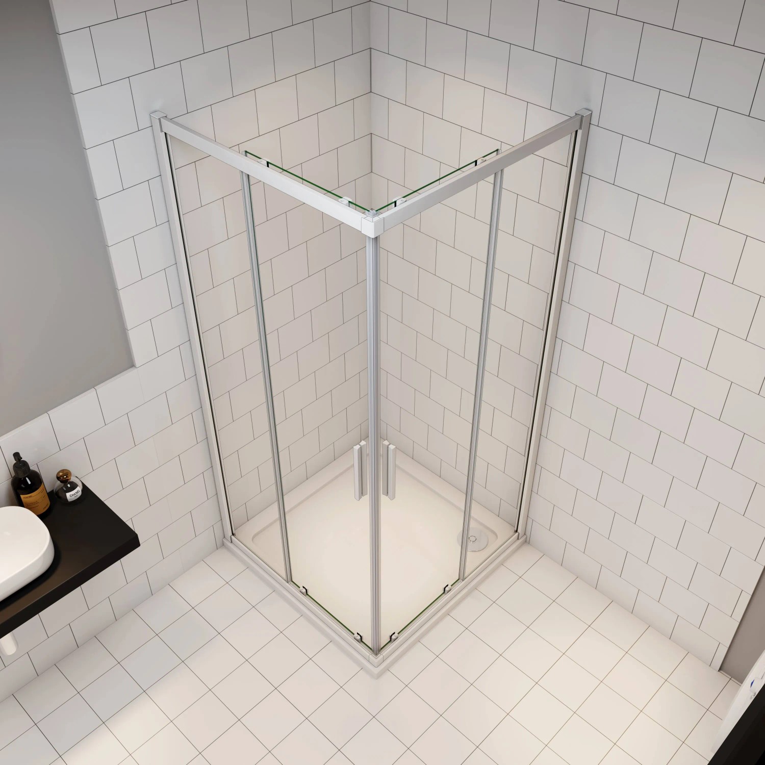 AICA Duschkabine Eckeinstieg 80x80cm mit Schiebetür und silbernem Rahmen vor weißem Hintergrund.