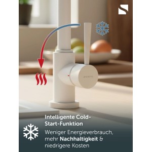 Weiße SCHÜTTE Spültischarmatur CORNWALL. Cold-Start-Funktion für Kaltwasser bei Hebelmitte, spart Energie und Kosten.
