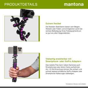 Mantona Kaleido Flex Stativ Glamour Pink. Biegbares Reisestativ mit Kugelkopf, für Kamera an Stange und Smartphone als Handstativ.