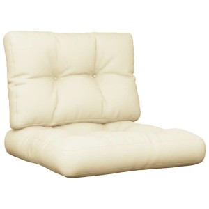 Cremefarbenes 2-teiliges Palettenkissen-Set aus Stoff. Weiches Sitzkissen und getuftetes Rückenkissen für Gartenmöbel.