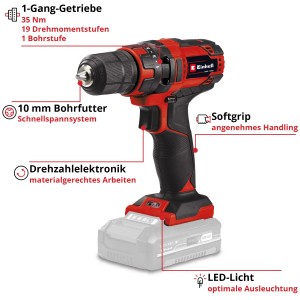 Einhell Akku-Bohrschrauber TC-CD 18/35 Li Solo (ohne Akku). Roter Akkuschrauber mit Bohrfutter.