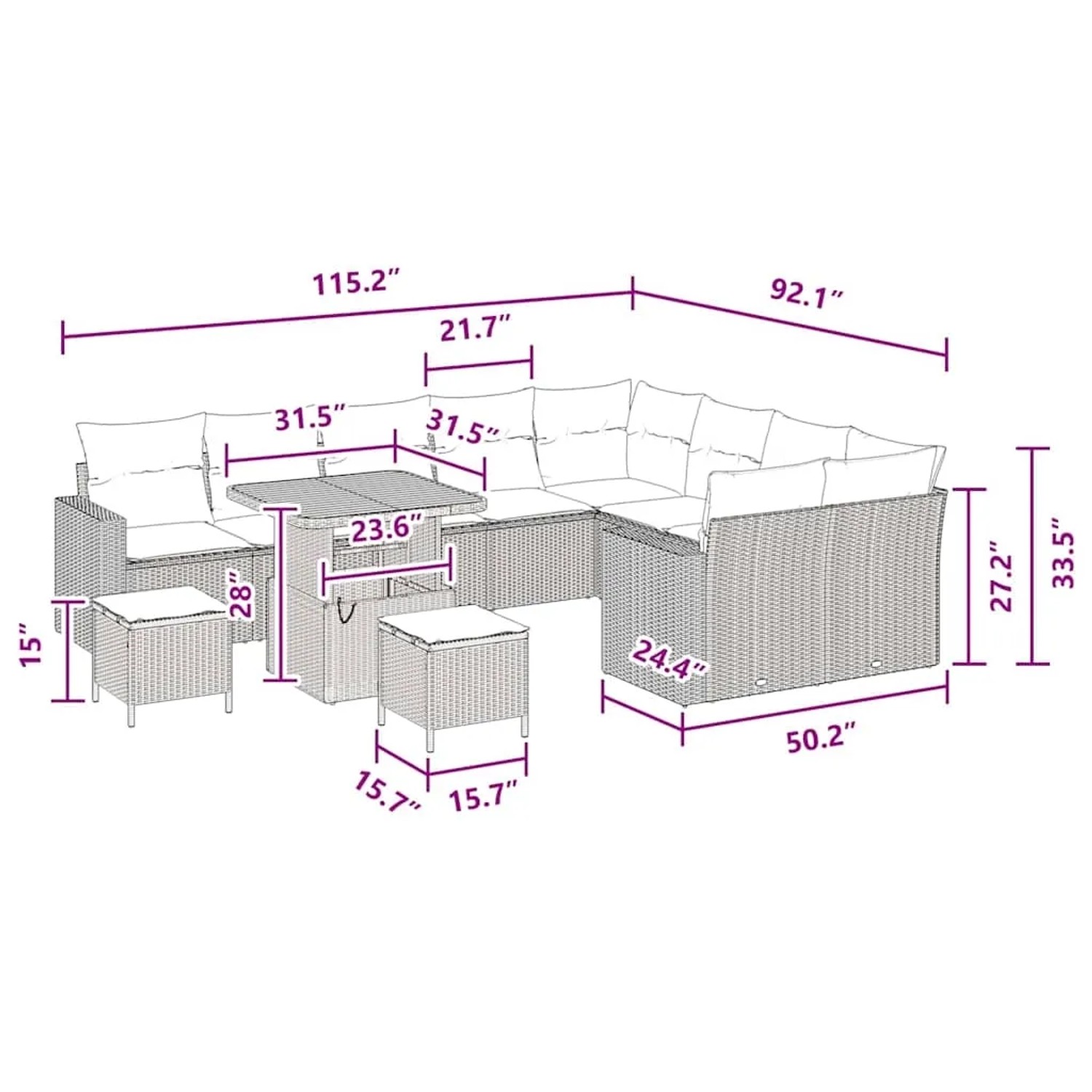 Schwarzes 12-teiliges Garten-Sofa-Set aus Poly Rattan von vidaXL mit Tisch und Hockern.