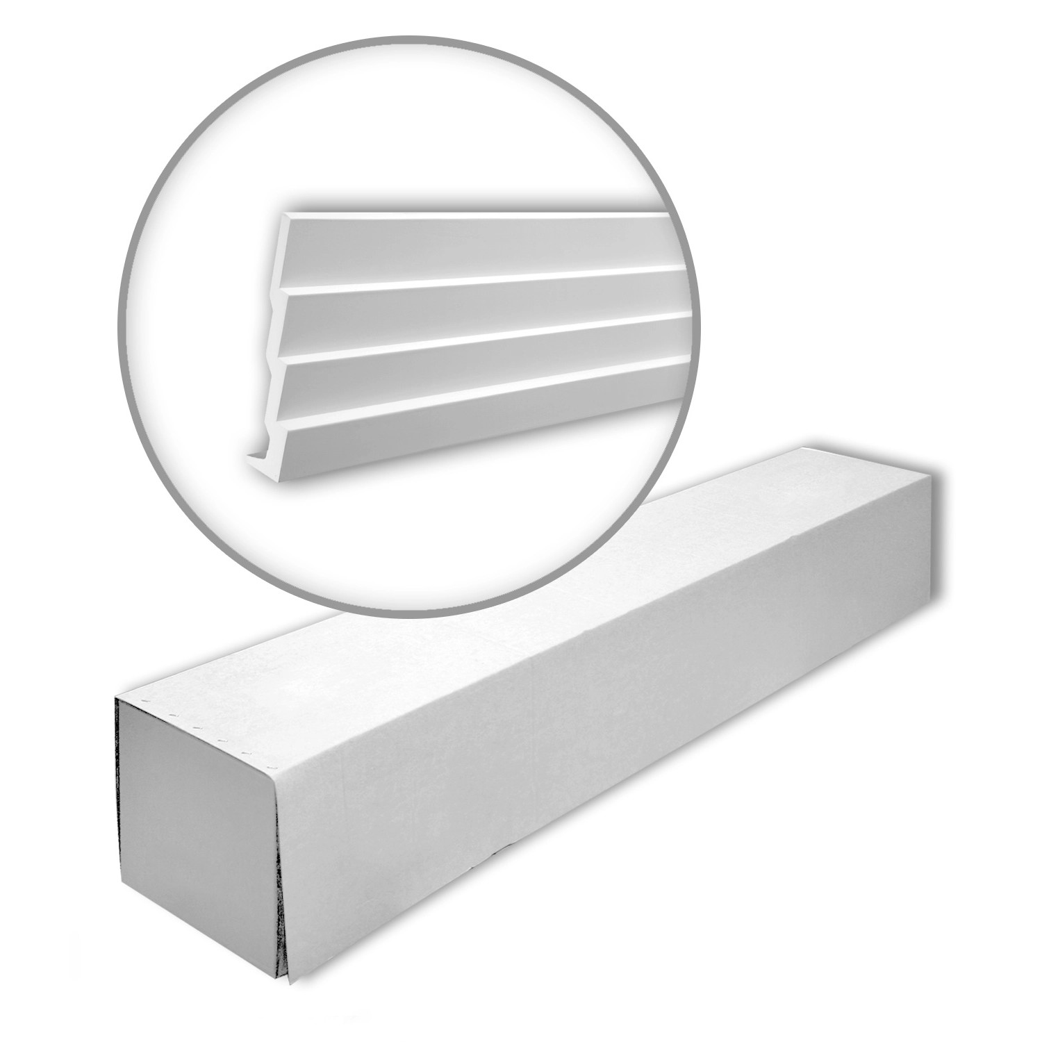 Verpackung der weißen PROFHOME Eckleisten, 6 Stuckleisten (12 m) im Set. Zubehör für Paneele.