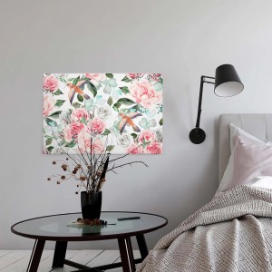 Modernes Leinwandbild mit Vögeln und Blumen in Rosa und Grün als Wanddekoration.