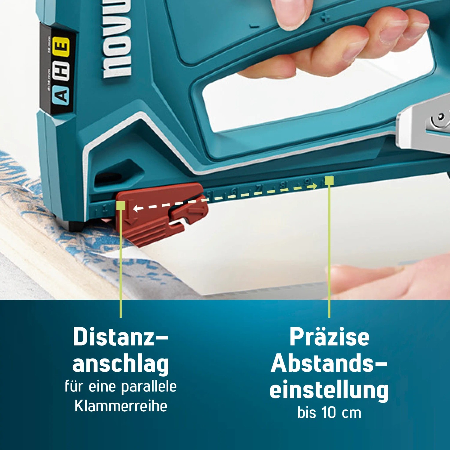 Novus J-50 Handtacker: Detailaufnahme der Abstandseinstellung und des Distanzanschlags.