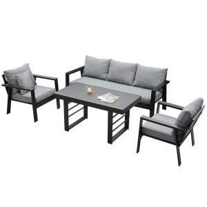 MeXo Dining Lounge Set, Aluminium, schwarz, mit Esstisch für 5 Personen. Gartenmöbel mit grauen Polstern.