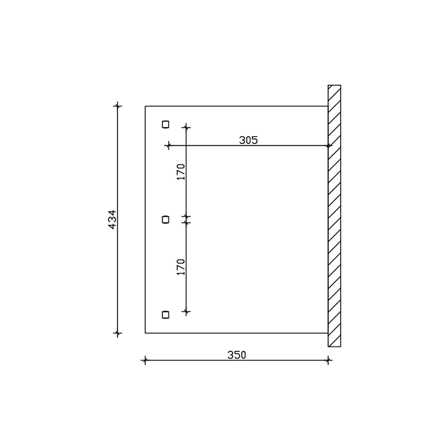Technische Zeichnung der Skan Holz Terrassenüberdachung Andria 434x350 cm mit Maßangaben.