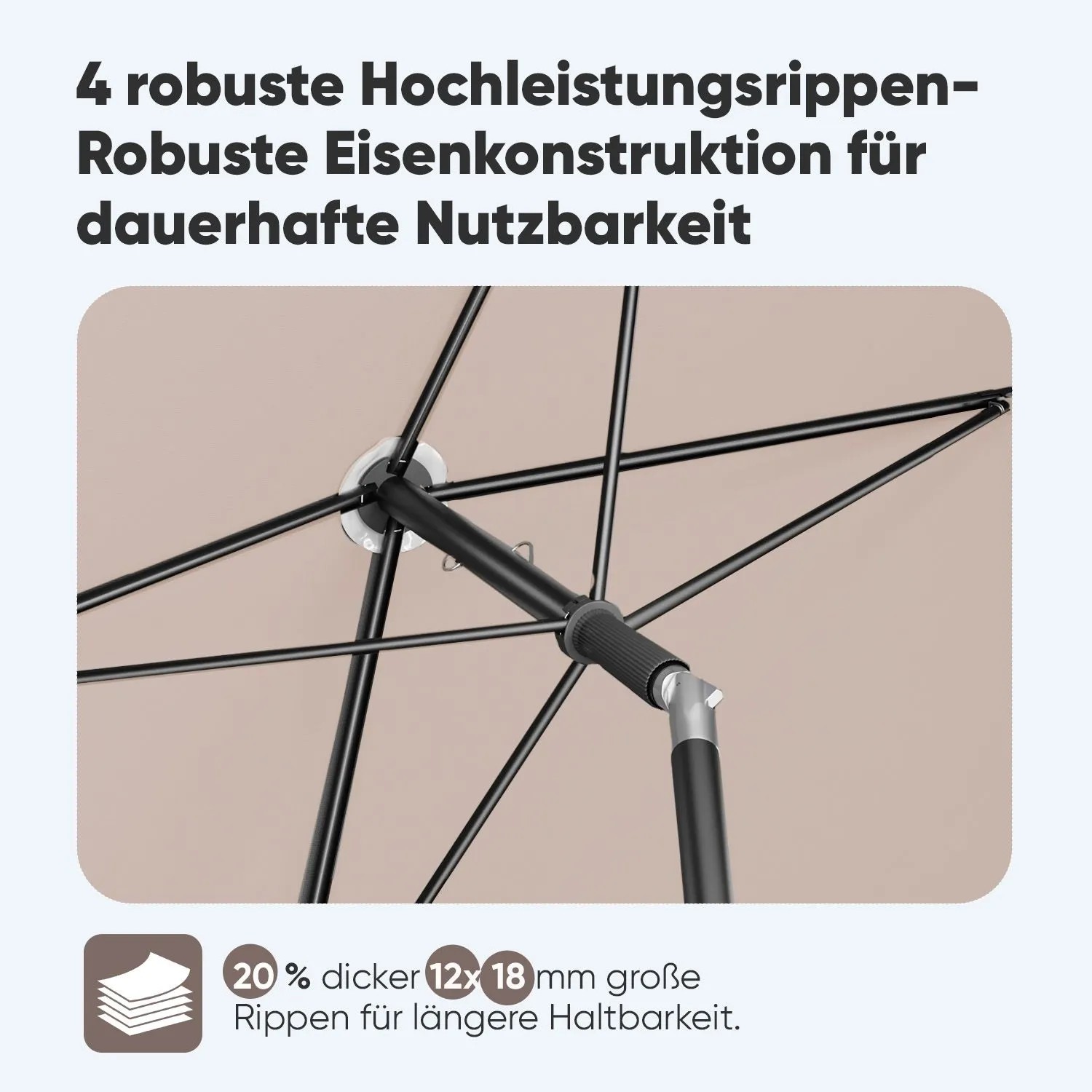 Detailaufnahme: Stabiles Gestell des rechteckigen Sekey Sonnenschirms für Balkon und Terrasse.