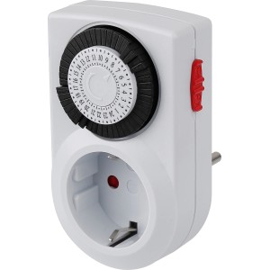 Weiße mechanische Tageszeitschaltuhr mit 48 Schaltmöglichkeiten für den Innenbereich.