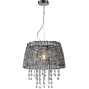 Schwarze Näve Pendelleuchte Combino mit Metallschirm und Perlenbehang.