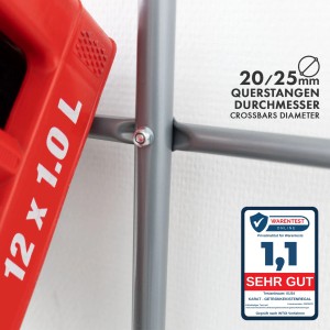 Detailaufnahme: Grauer KARAT Flaschenkastenständer Rocket mit rotem Getränkekasten.