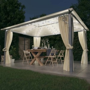 vidaXL Pavillon mit Vorhängen & LED-Lichterkette 400x300 cm Creme Alu 3070335