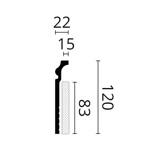 Profilzeichnung der weißen NOEL & MARQUET NMC CF3 WALLSTYL Sockelleiste (12x2,2cm).