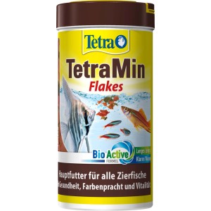 Tetra Min Flakes 250ml Flockenfutter für Zierfische, gelbe Dose mit Fischen.