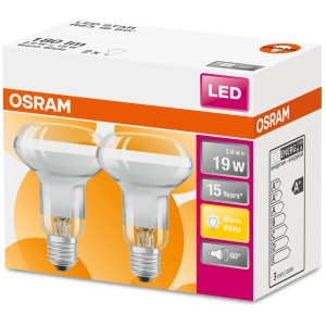 2er-Set Osram LED Reflektor R63 E27, 2,6W, warmweiß, für Wohnräume.