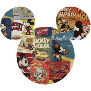 Selbstklebende Fototapete mit Mickey Mouse Comic-Motiven im Retro-Stil, 127x127 cm.