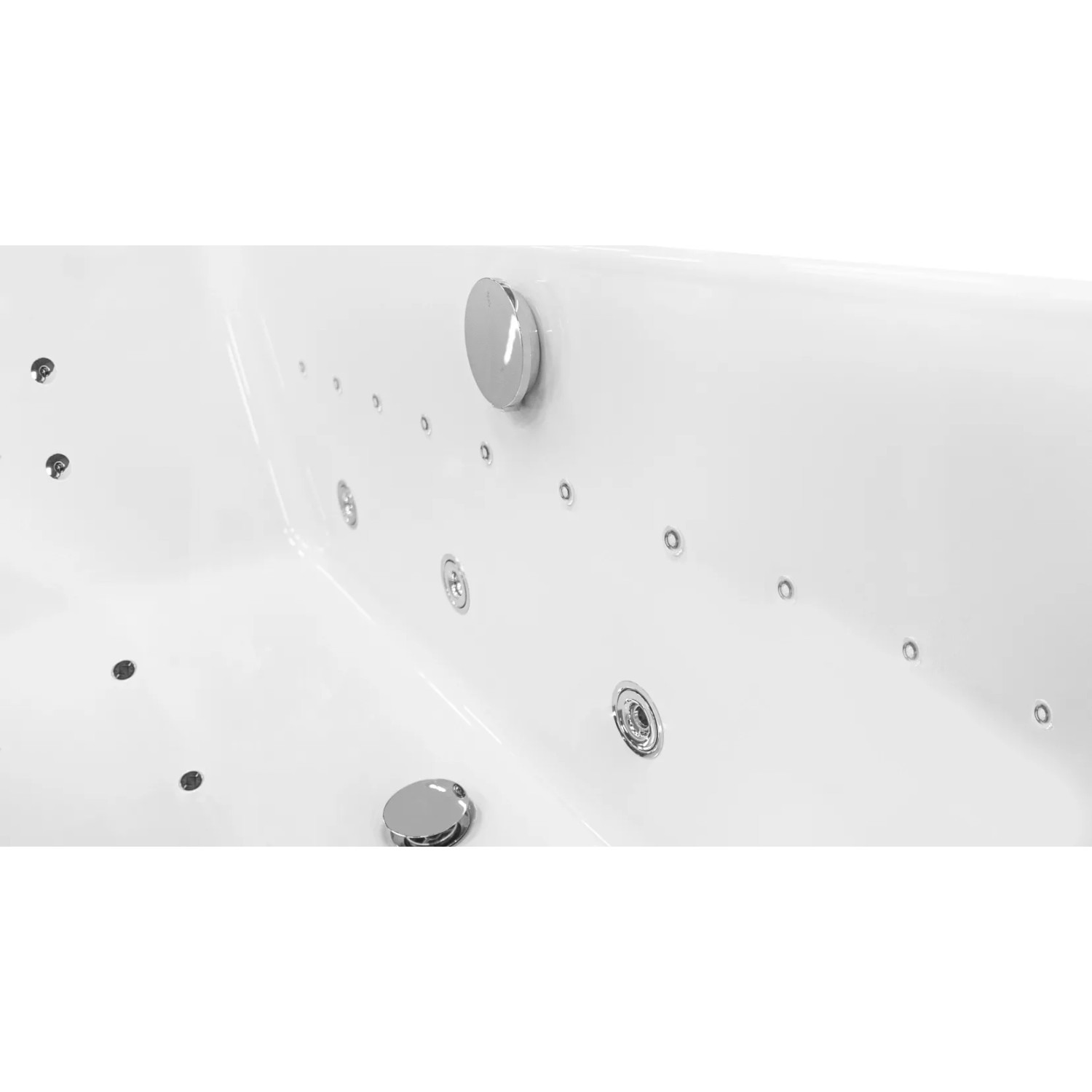 Detailaufnahme der Basera® Nendo Eck-Whirlpool Badewanne mit Düsen in Weiß.