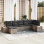 Graues 7-teiliges vidaXL Garten-Sofa-Set aus Poly Rattan mit Kissen.