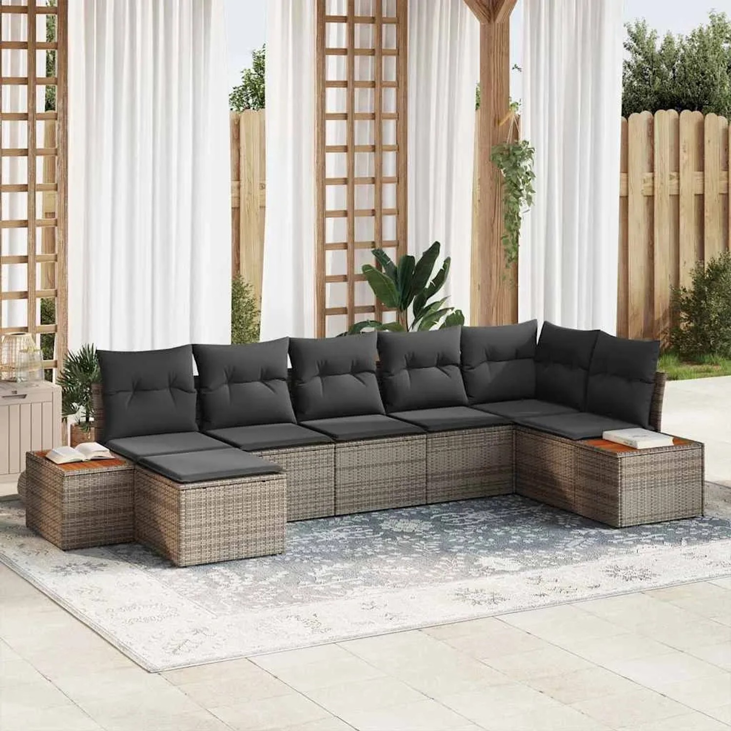 Graues 7-teiliges vidaXL Garten-Sofa-Set aus Poly Rattan mit Kissen.