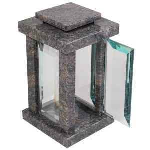 KOKA Grablampe viereckig, aus poliertem Himalaya Granit mit Glastür. Für Grabkerzen.