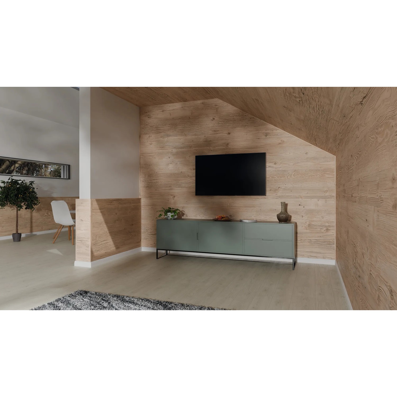 Wohnraum mit Egger Decowall Wandverkleidung WL006 Namur Fichte und passender Winkelleiste.