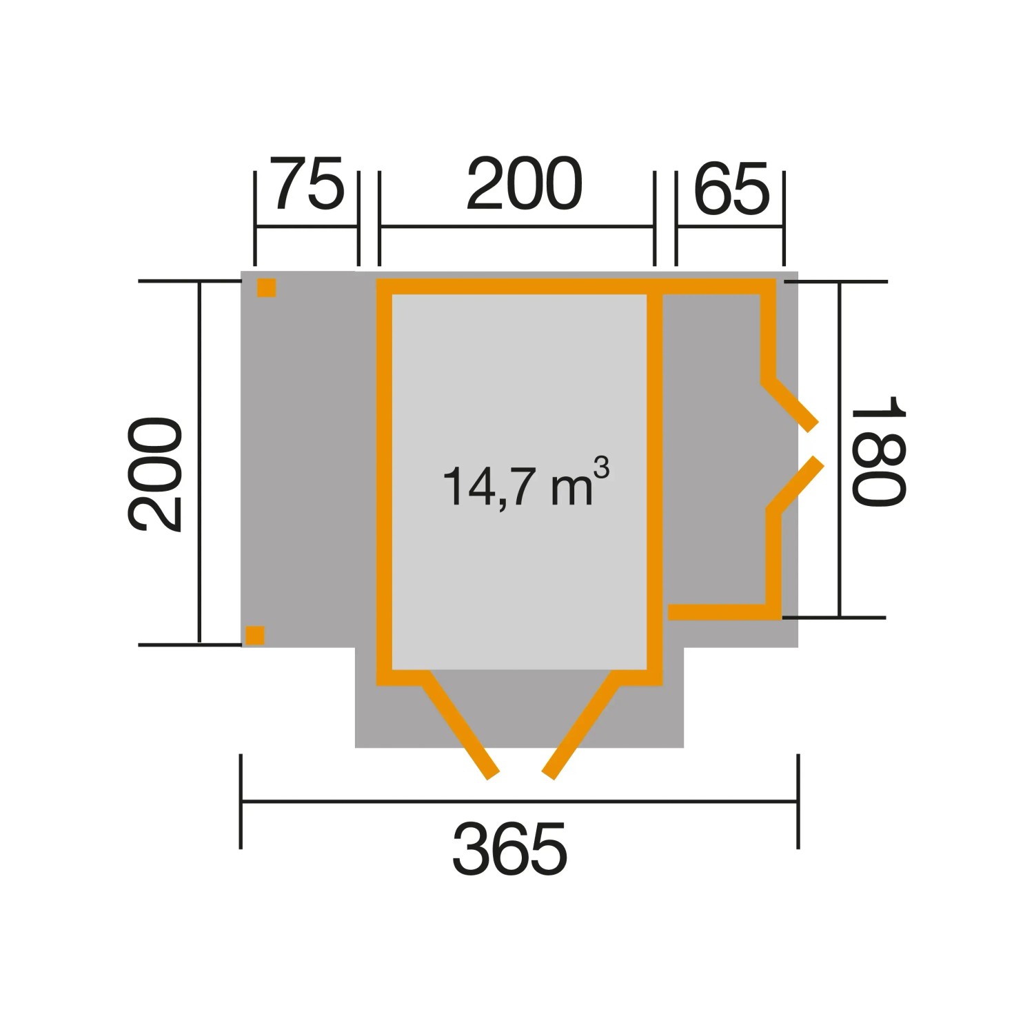 Grundriss Weka Holz-Gartenhaus Bologna: 340x200cm, inkl. Anbaudach (140cm).