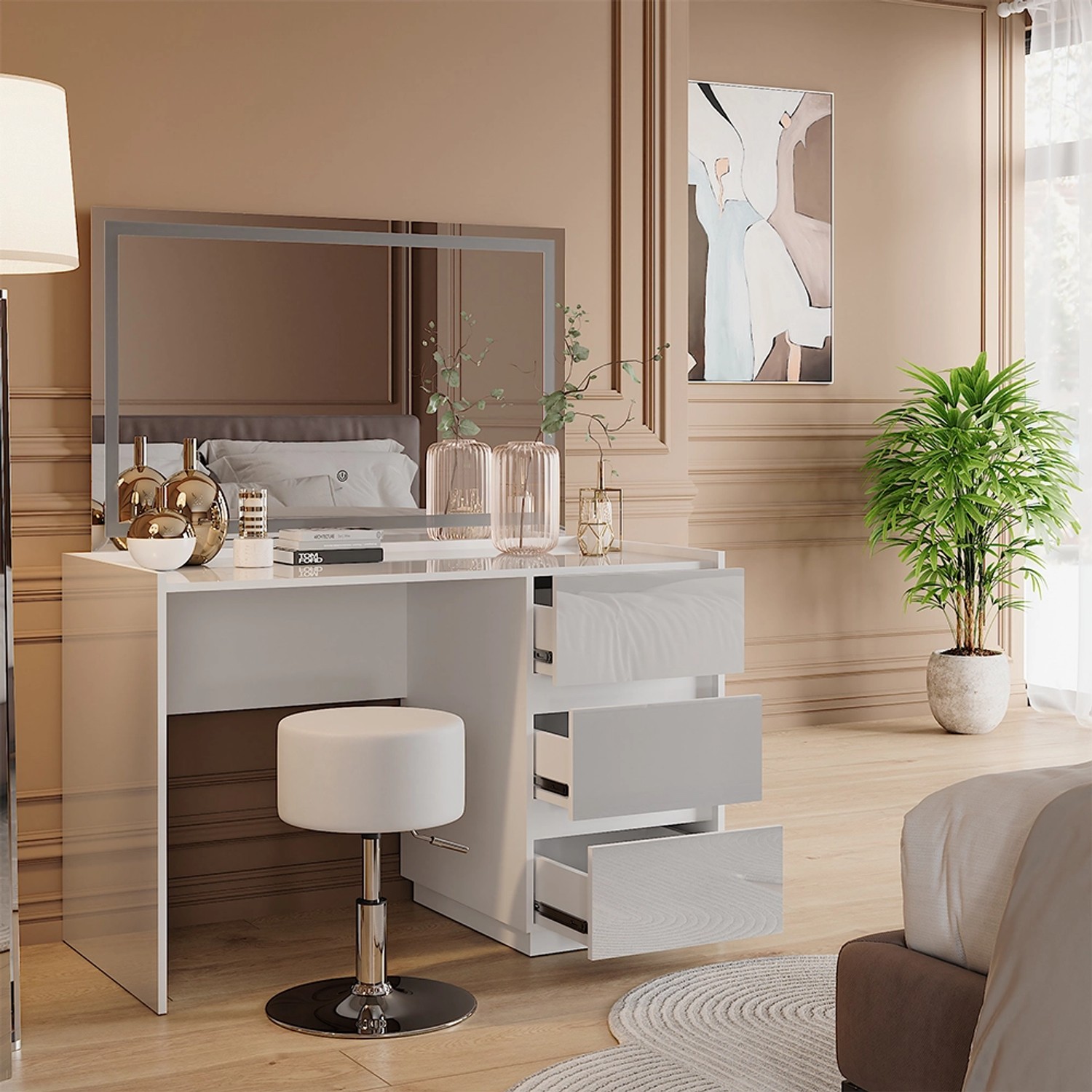 Vicco Schminktisch Marla Weiß Hochglanz 120 cm mit LED-Spiegel und Hocker