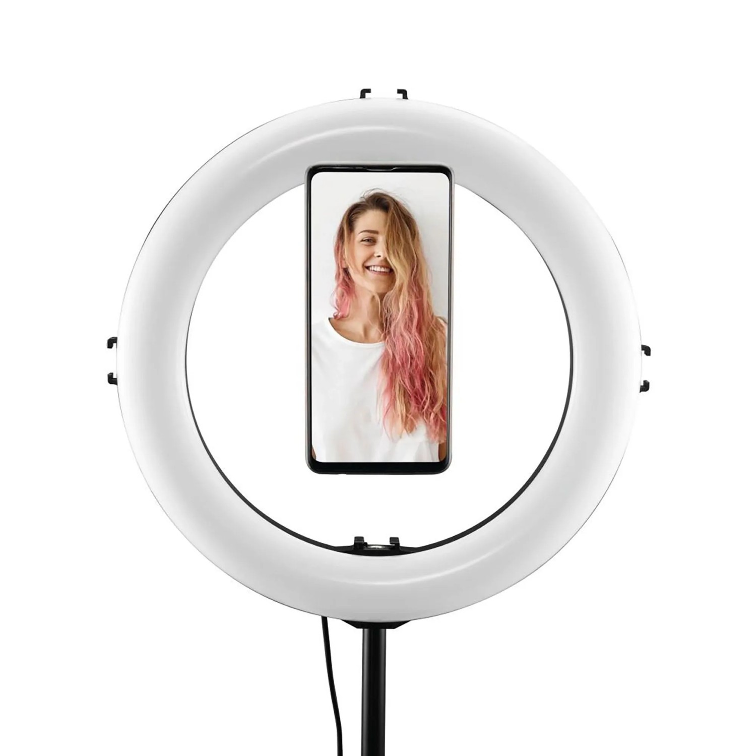 Schwarze Hama Stativ-Handyhalterung Puck mit Smartphone im weißen Ringlicht. Magnetische Universal-Halterung für Handy-Zubehör.