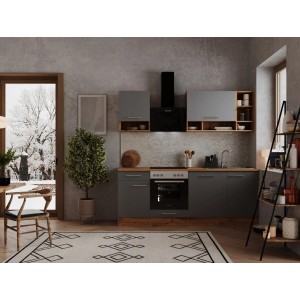 Respekta Küchenzeile 220 cm in Grau und Wildeiche Nachbildung mit E-Geräten.