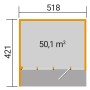 Grundriss Weka Designhaus Cubilis 4.0 Grau mit Maßen und Volumenangabe.